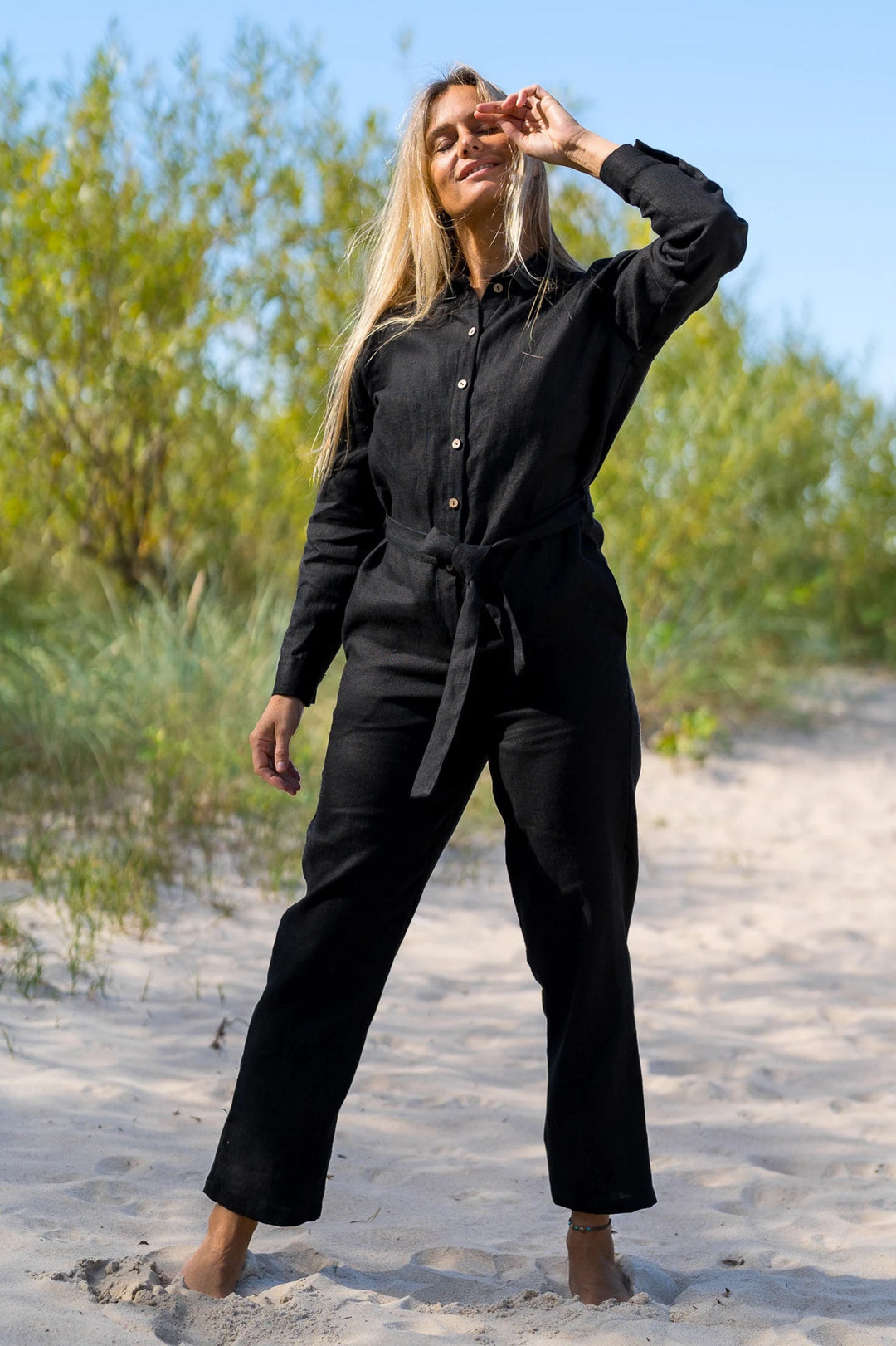 Model Wears Linen Jumpsuit LUGANO In Black Color 1 - Daily Linen
