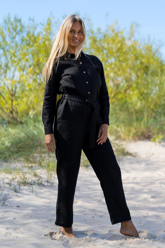 Model Wears Linen Jumpsuit LUGANO In Black Color 2 - Daily Linen