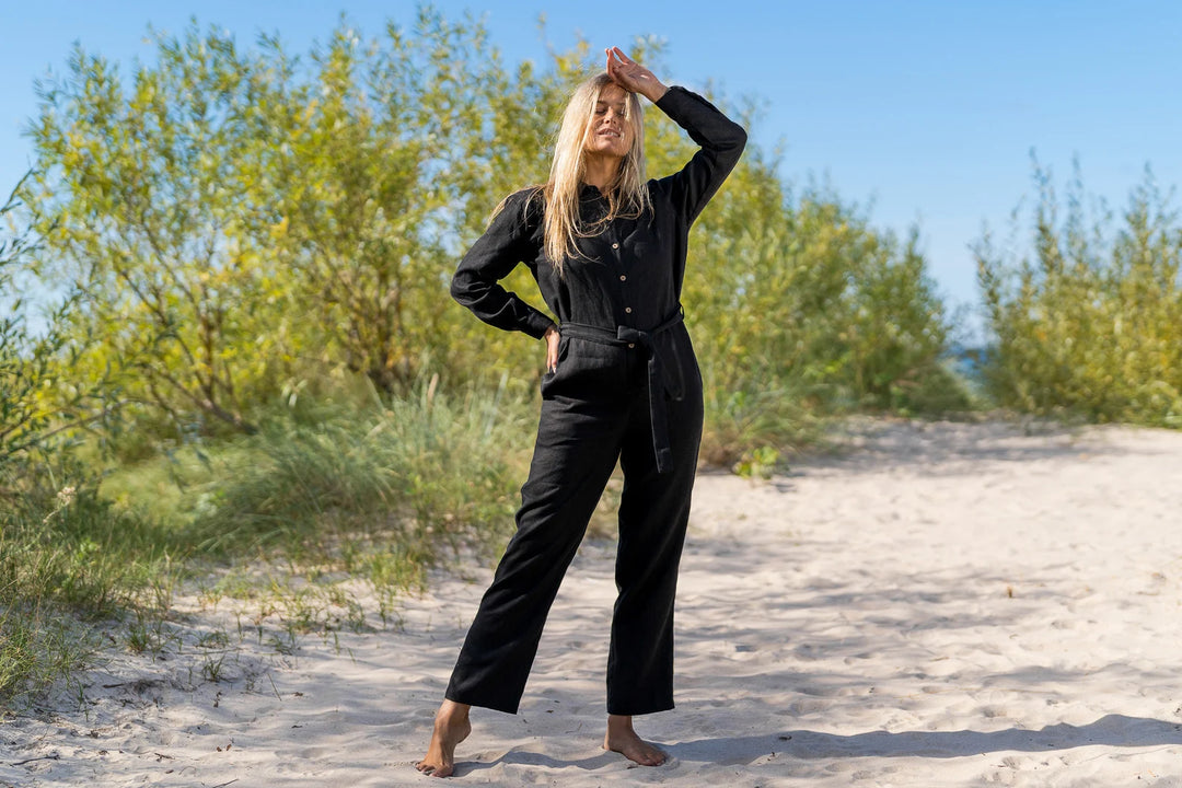 Model Wears Linen Jumpsuit LUGANO In Black Color 6 - Daily Linen