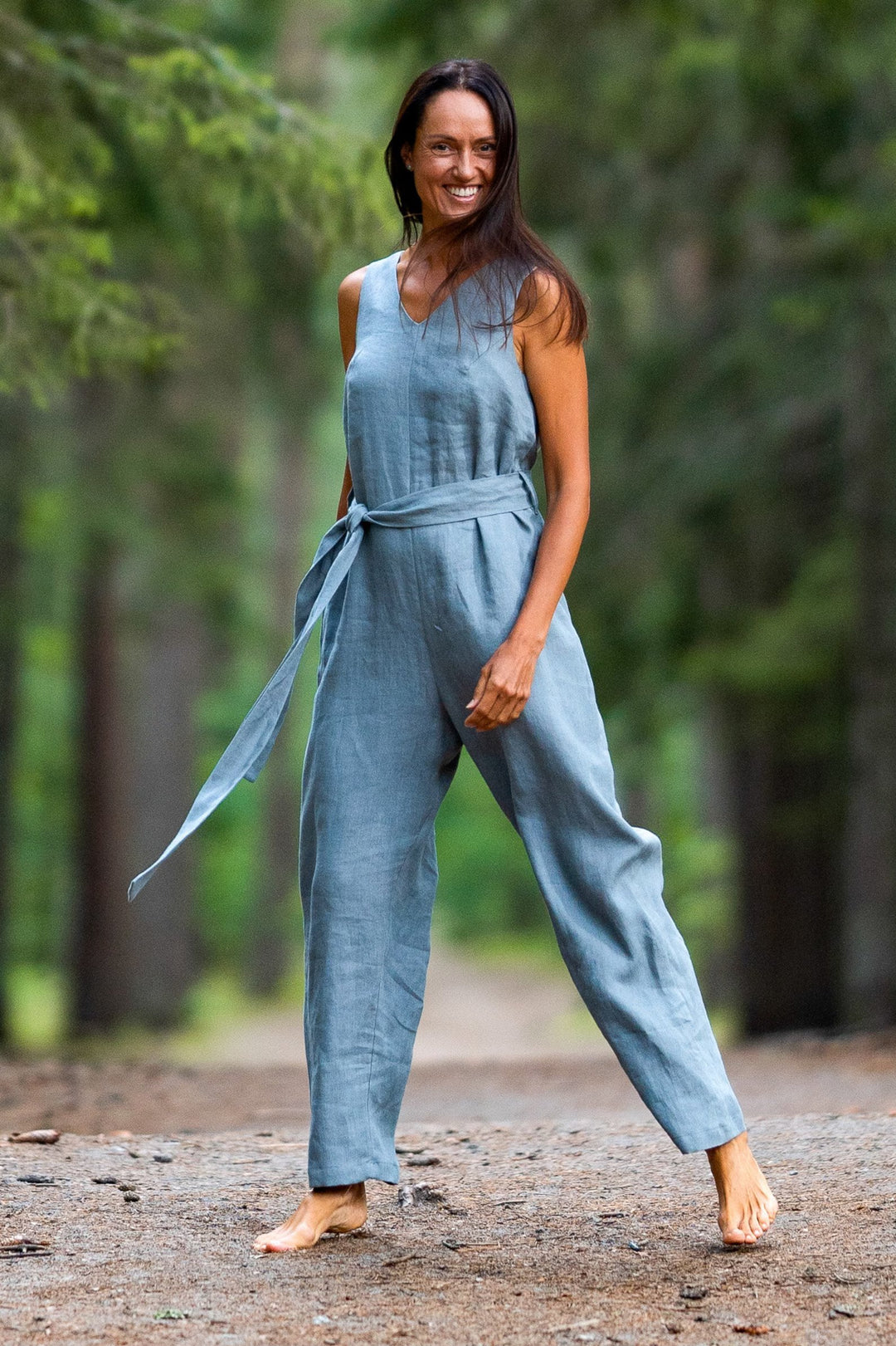 Model Wears Linen Jumpsuit Monaco In Grey Color - Daily Linen