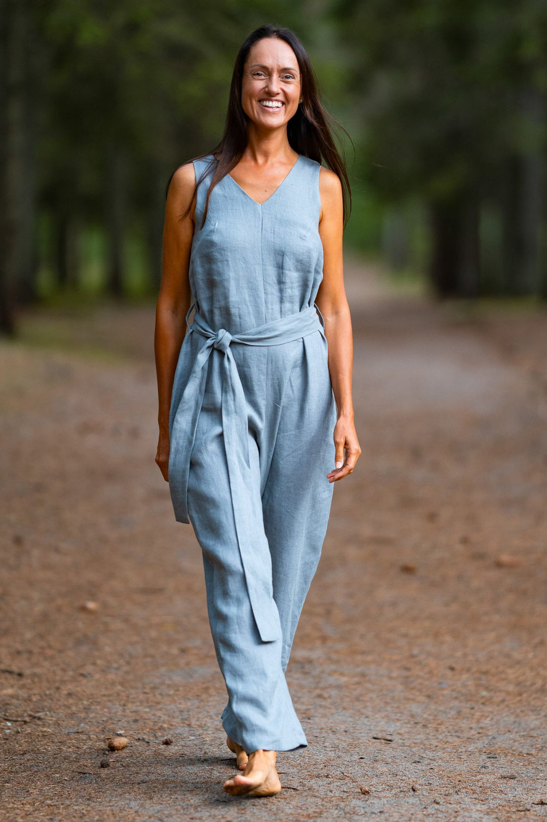 Model Wears Linen Jumpsuit Monaco In Grey Color 3 - Daily Linen