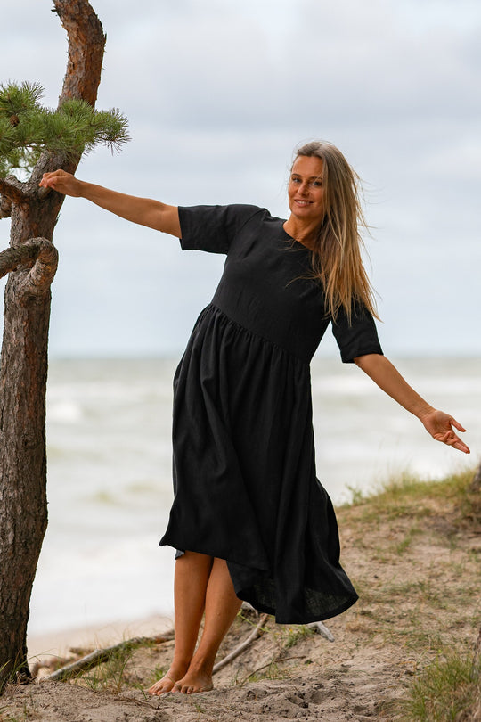 Linen Loose Dress Blue Sky In Black Color 2 - Daily Linen