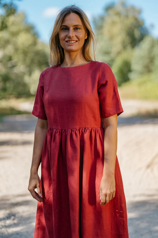 Linen Loose Dress Blue Sky In Raspberry Color - Daily Linen