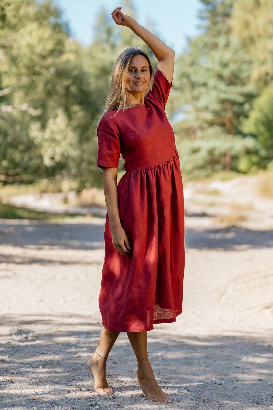 raspberry linen dress Buttoned V-Neck Raspberry Linen Dress grizas.com