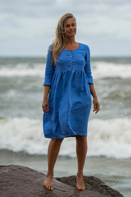 Model Wears Linen Maternity Dress Barbara 3/4 Sleeves In Blue Color - Daily Linen