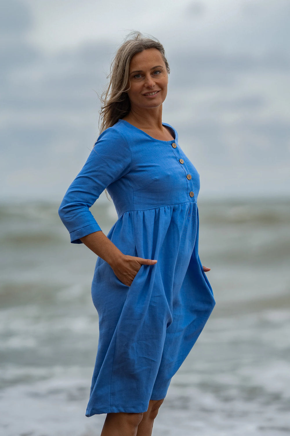 Model Wears Linen Maternity Dress Barbara 3/4 Sleeves In Blue Color 1 - Daily Linen