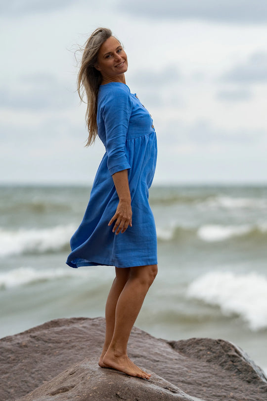 Model Wears Linen Maternity Dress Barbara 3/4 Sleeves In Blue Color 2 - Daily Linen