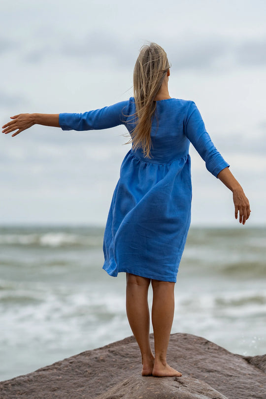 Model Wears Linen Maternity Dress Barbara 3/4 Sleeves In Blue Color 3 - Daily Linen