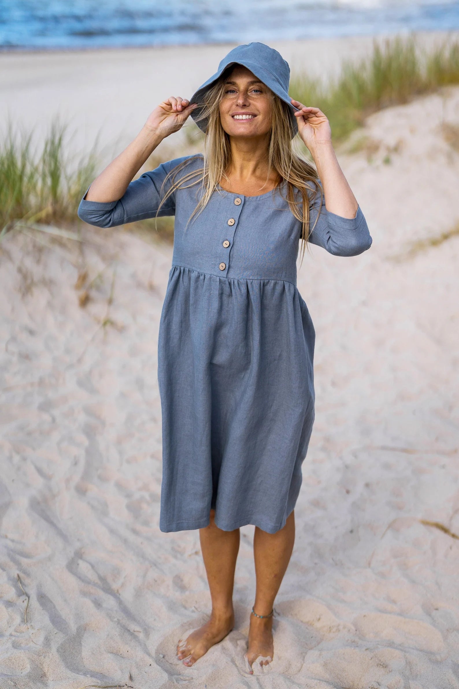 Model Wears Linen Maternity Dress Barbara 3/4 Sleeves In Grey Color - Daily Linen