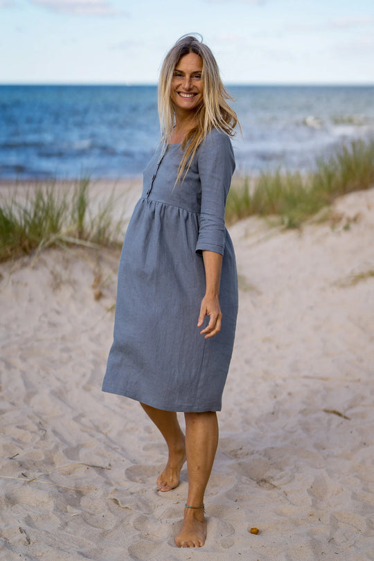 Model Wears Linen Maternity Dress Barbara 3/4 Sleeves In Grey Color 1 - Daily Linen