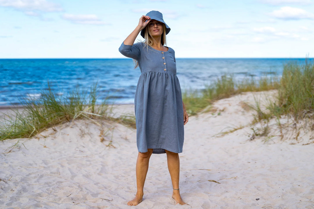 Model Wears Linen Maternity Dress Barbara 3/4 Sleeves In Grey Color 4 - Daily Linen