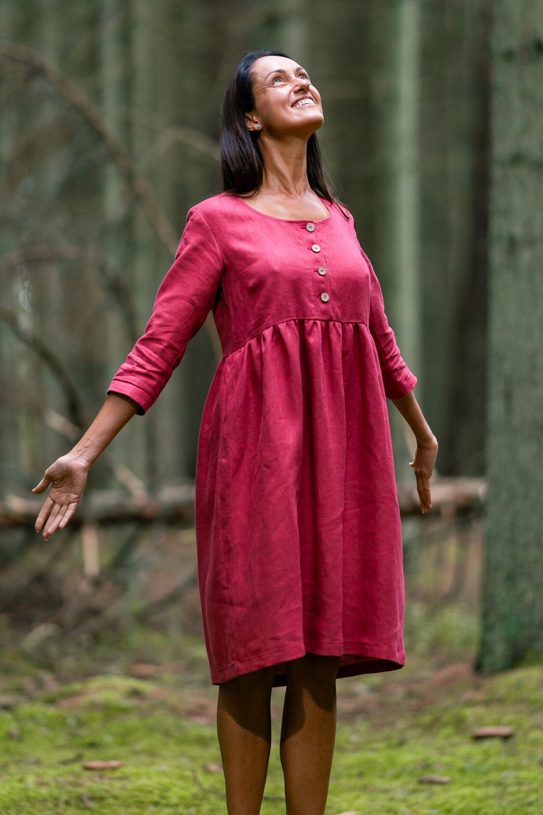 Model Wears Linen Maternity Dress Barbara 3/4 Sleeves In Raspberry Color - Daily Linen