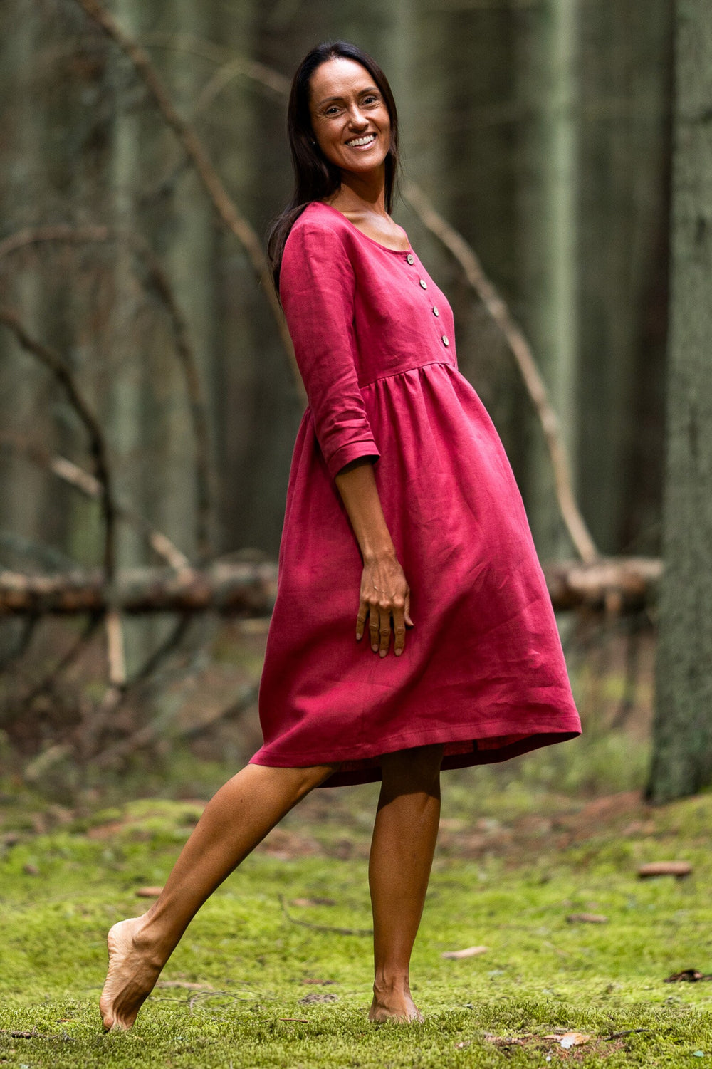 Model Wears Linen Maternity Dress Barbara 3/4 Sleeves In Raspberry Color 1 - Daily Linen