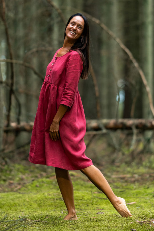 Model Wears Linen Maternity Dress Barbara 3/4 Sleeves In Raspberry Color 2 - Daily Linen