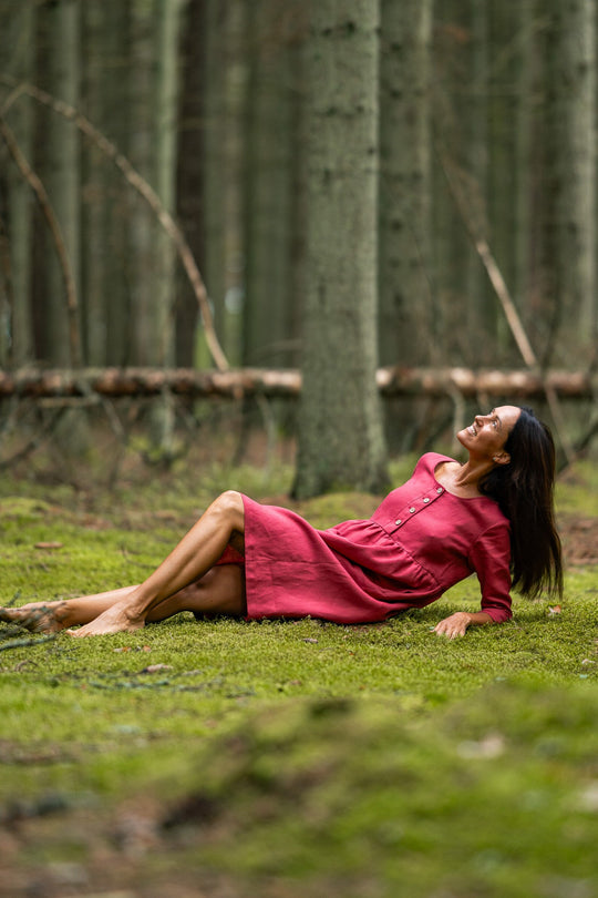 Model Wears Linen Maternity Dress Barbara 3/4 Sleeves In Raspberry Color 3 - Daily Linen