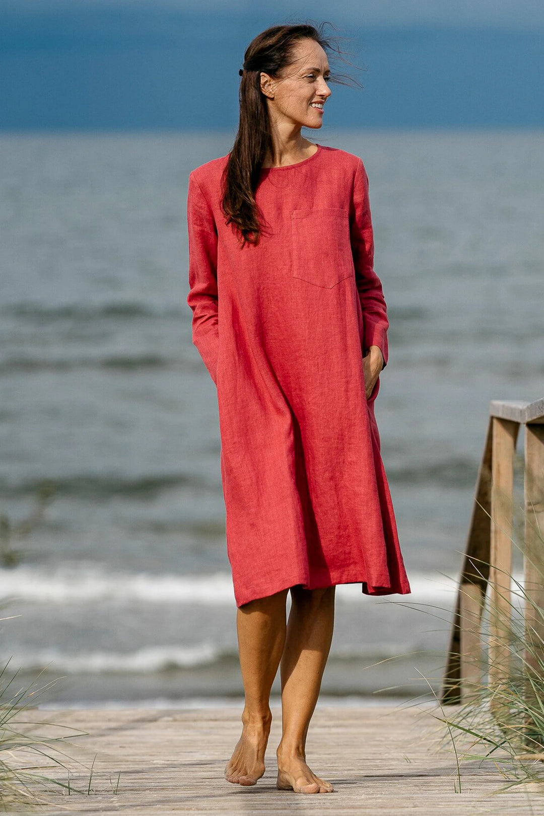 Model Demonstrates Linen Oversized Dress AURA In Raspberry Color At Beach - Daily Linen