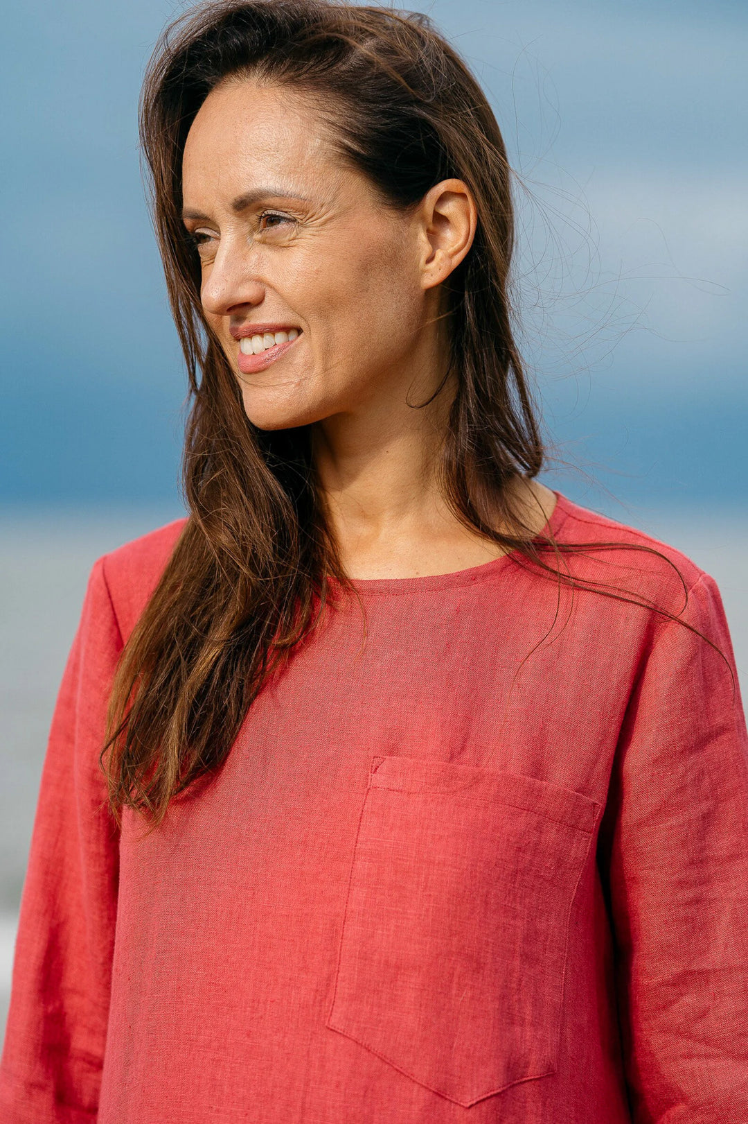 Model Demonstrates Linen Oversized Dress AURA In Raspberry Color At Beach 3 - Daily Linen