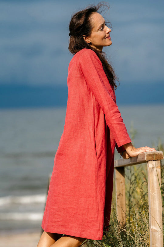 Model Demonstrates Linen Oversized Dress AURA In Raspberry Color At Beach 4 - Daily Linen