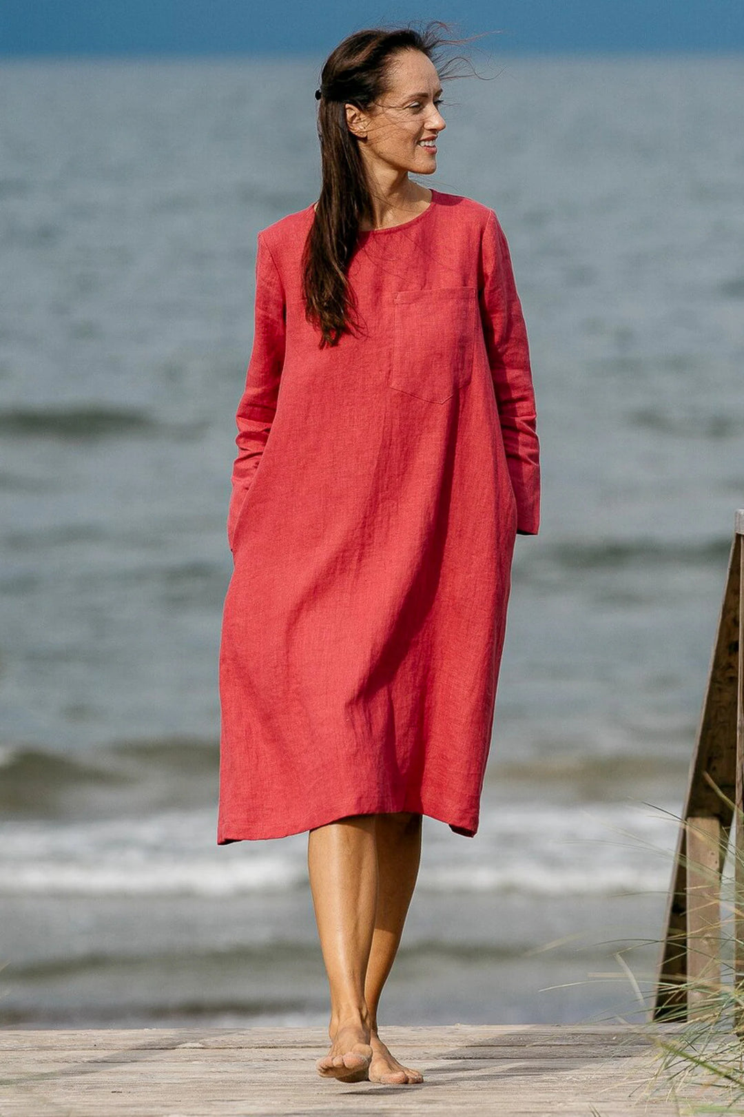 Model Demonstrates Linen Oversized Dress AURA In Raspberry Color At Beach 5 - Daily Linen