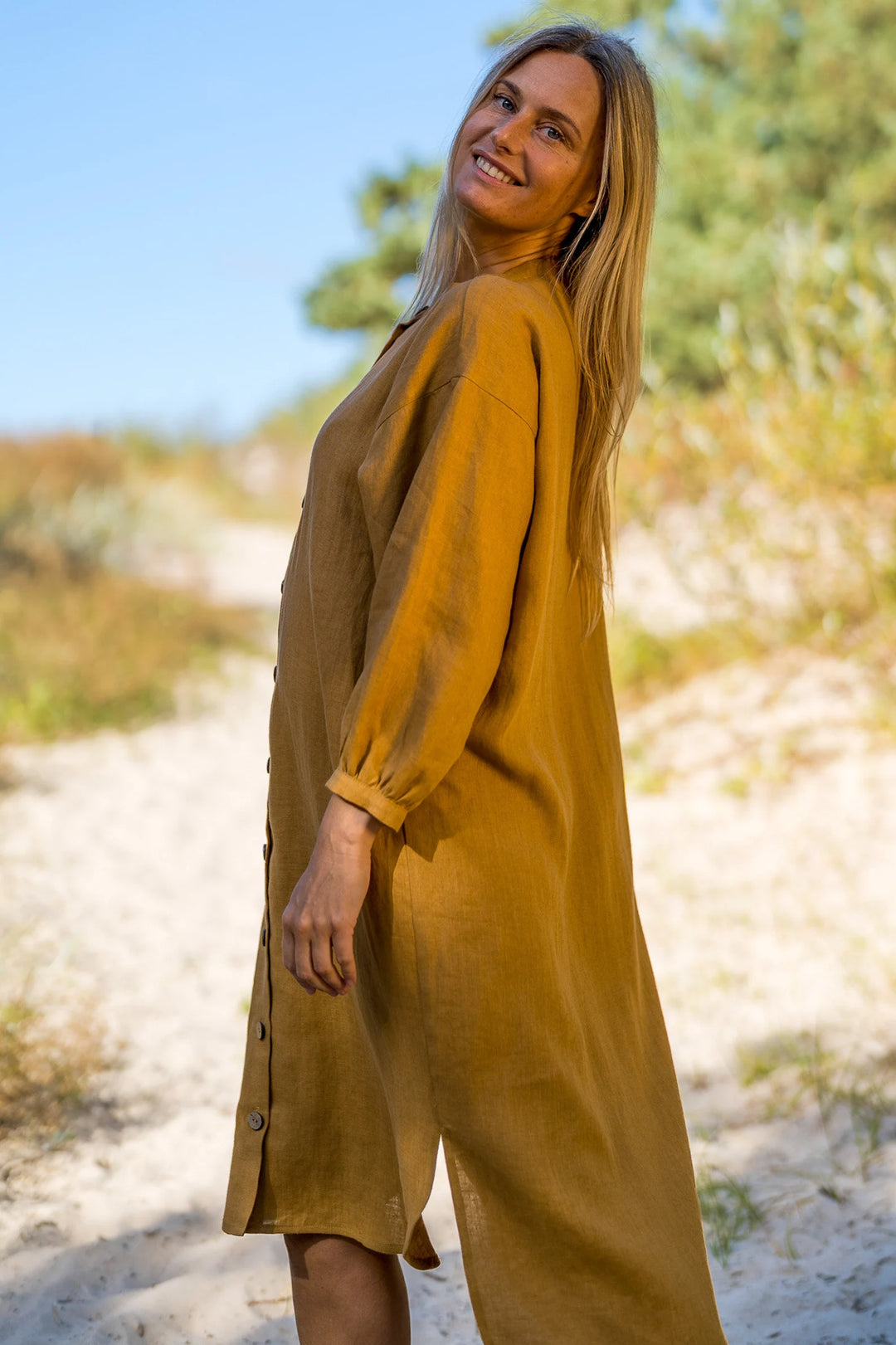 Linen Oversized Shirt Dress Nina In Amber Yellow Color 1 - Daily Linen