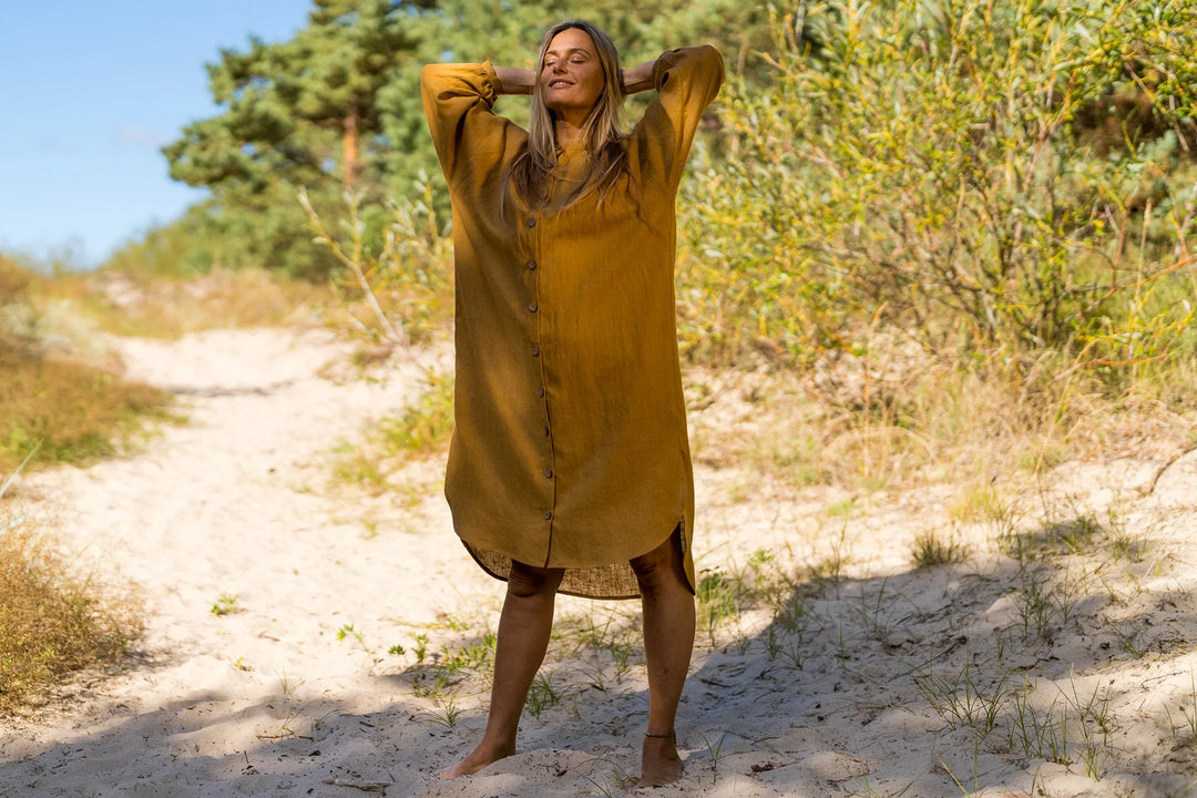 Linen Oversized Shirt-Dress NINA In Amber Yellow S / Raspberry Linen Oversized Shirt-Dress NINA In Amber Yellow S / Raspberry