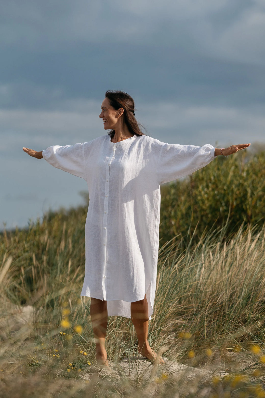 Model Wears Linen Oversized Shirt Dress Nina In White Color 1 - Daily Linen