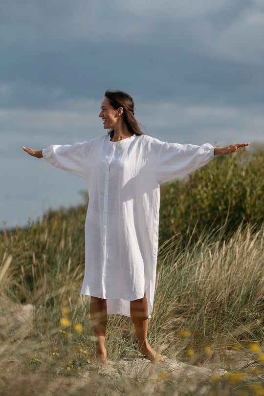 Model Wears Linen Oversized Shirt Dress Nina In White Color 1 - Daily Linen