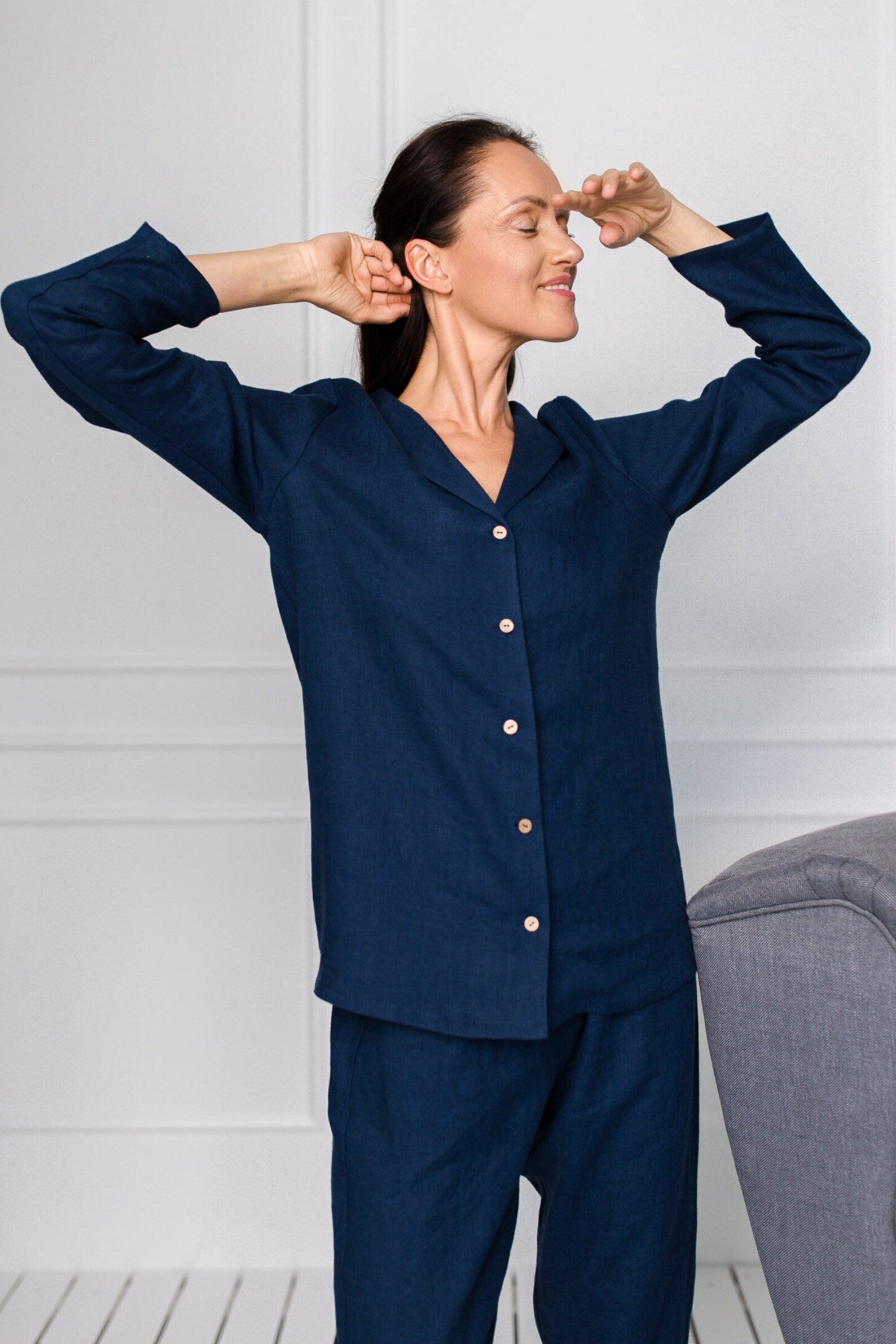 Model Wears Linen Pajama Set In Blue Color - Daily Linen