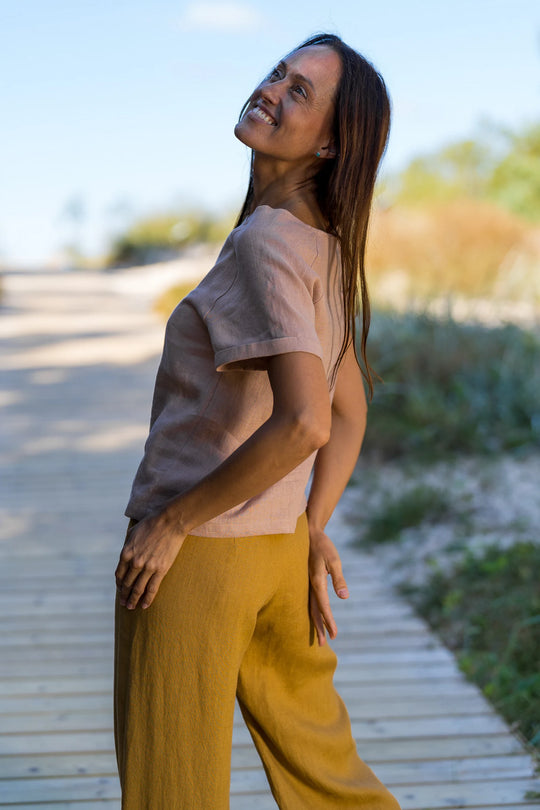 Model Wears Linen Palazzo Pants Klara In Amber Yellow Color 5 - Daily Linen