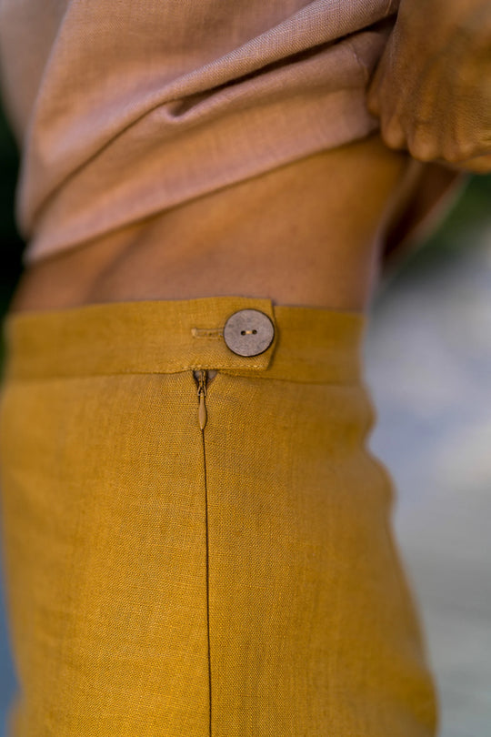 Model Wears Linen Palazzo Pants Klara In Amber Yellow Color 6 - Daily Linen