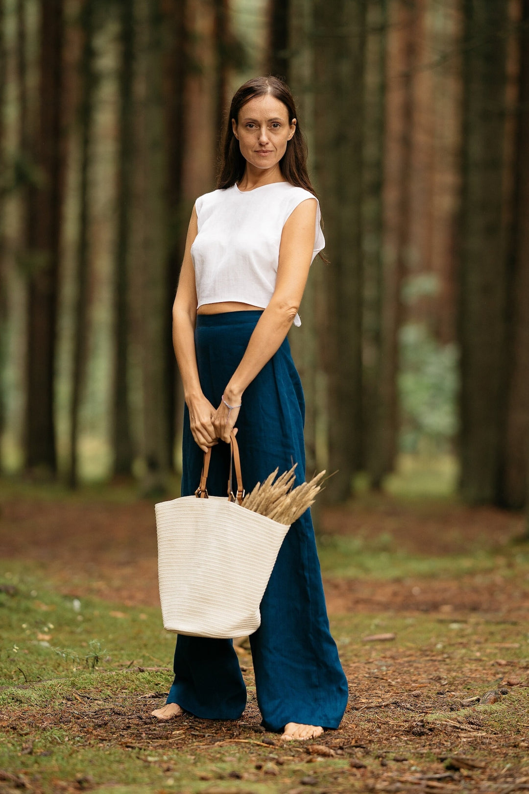 Model Wears Linen Palazzo Pants Klara In Midnight Blue Color 1 - Daily Linen