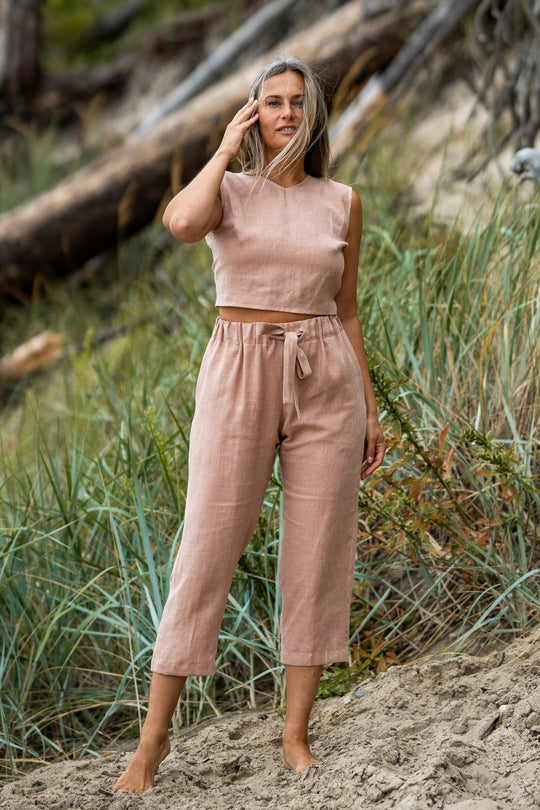 Model Wears Linen Pants Ieva In Powder Color 1 - Daily Linen