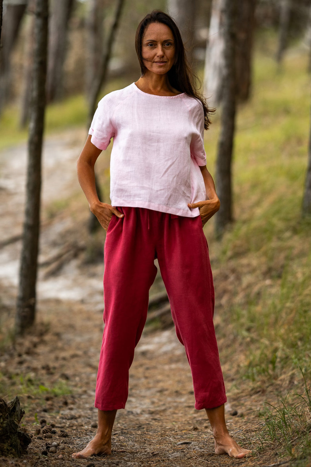 Model Wears Linen Pants Ieva In Raspberry Color 1 - Daily Linen