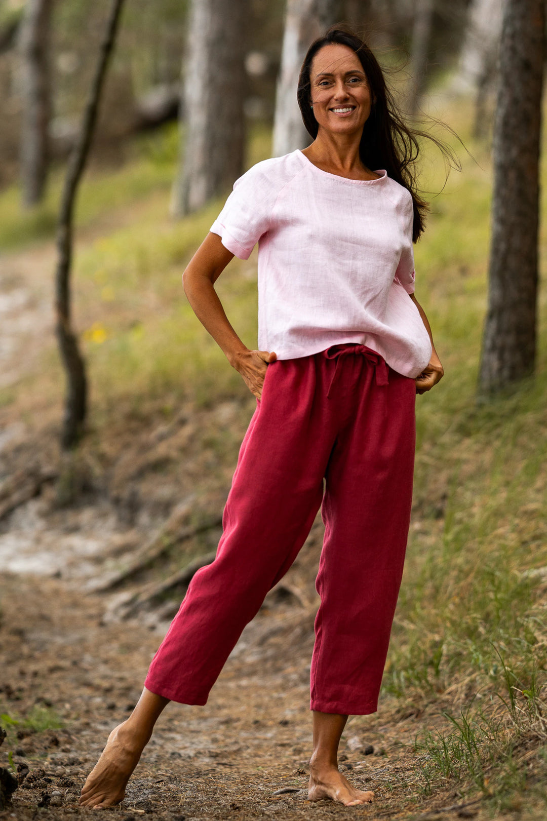 Model Wears Linen Pants Ieva In Raspberry Color 2 - Daily Linen