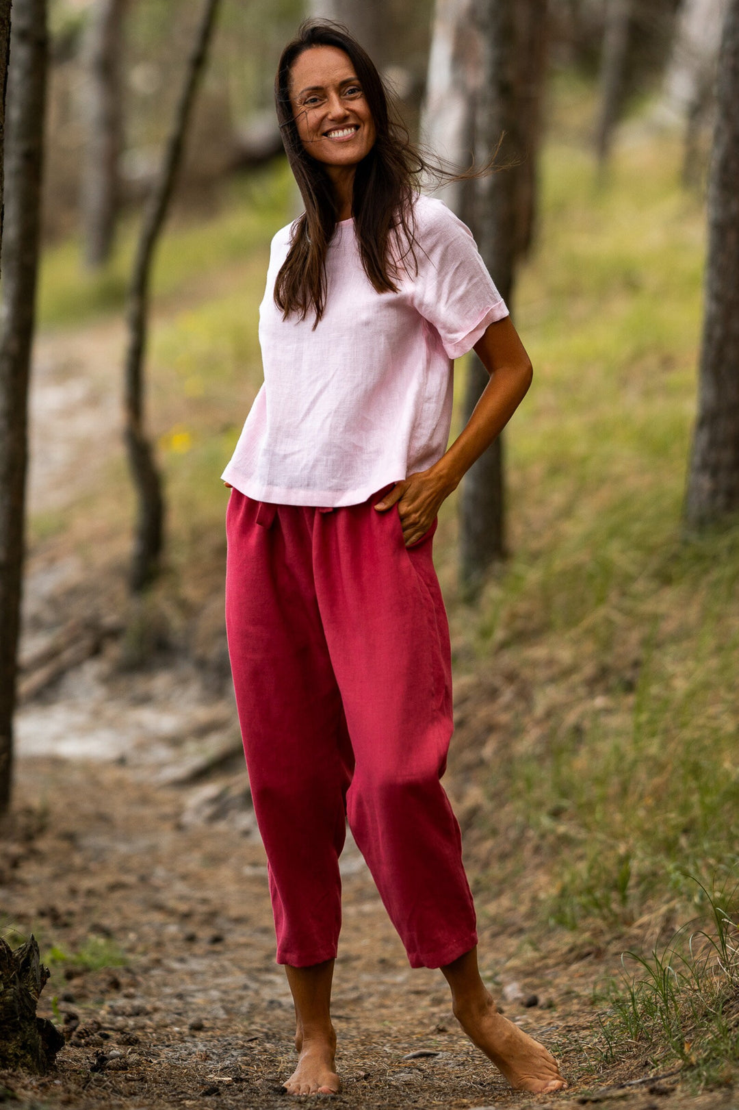 Model Wears Linen Pants Ieva In Raspberry Color 3 - Daily Linen