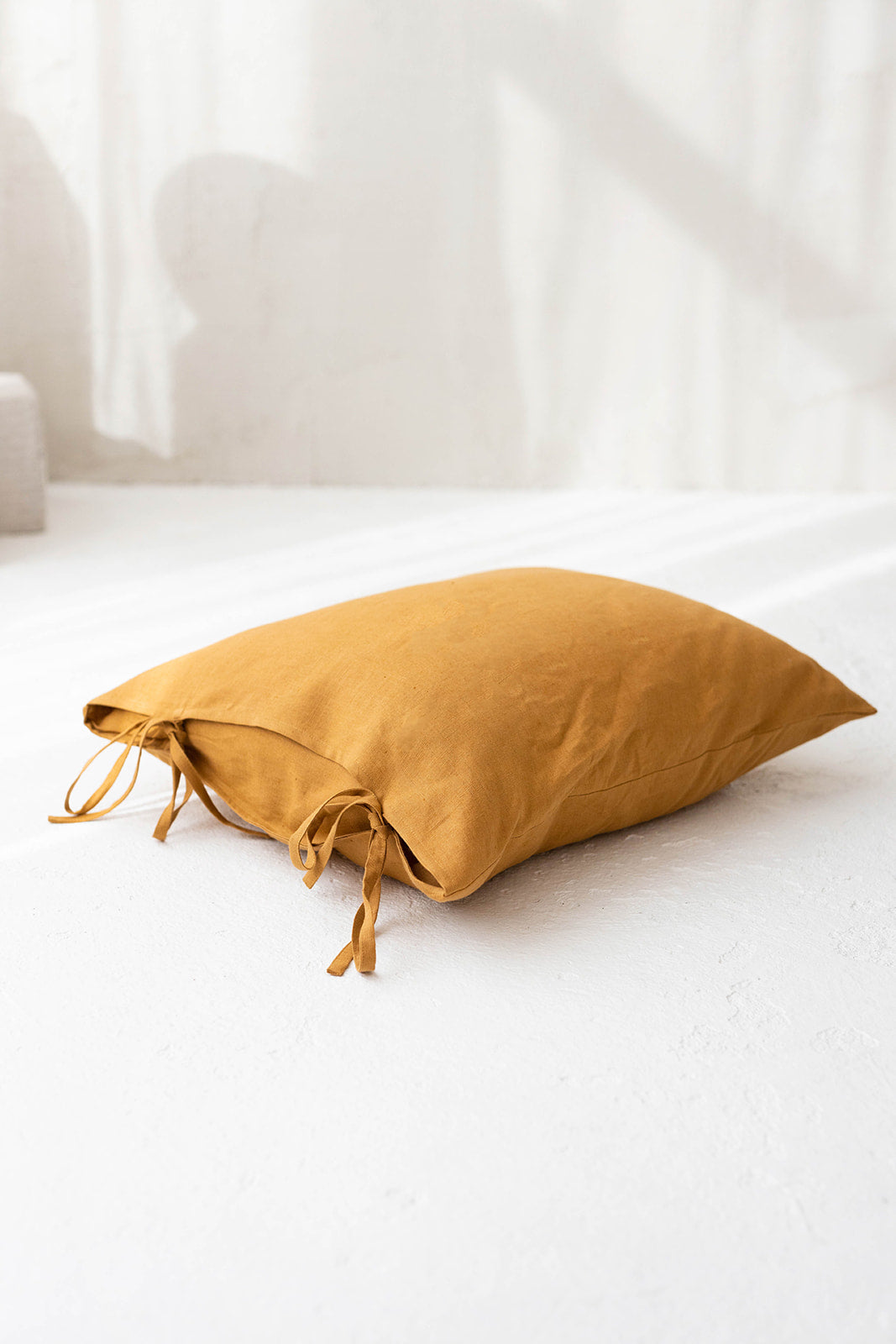 Linen Pillowcase With Ties In Amber Yellow Color 1 - Daily Linen