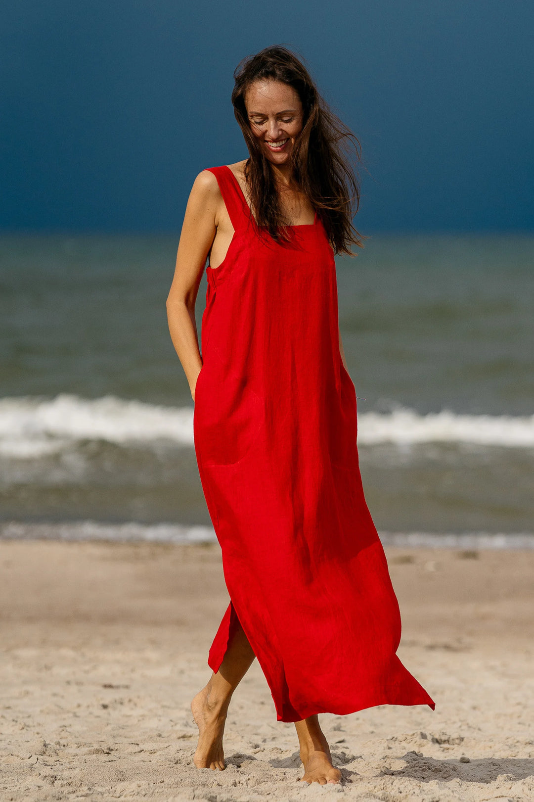 Model Wears Linen Strap Maxi Dress Adele In Red Color 2