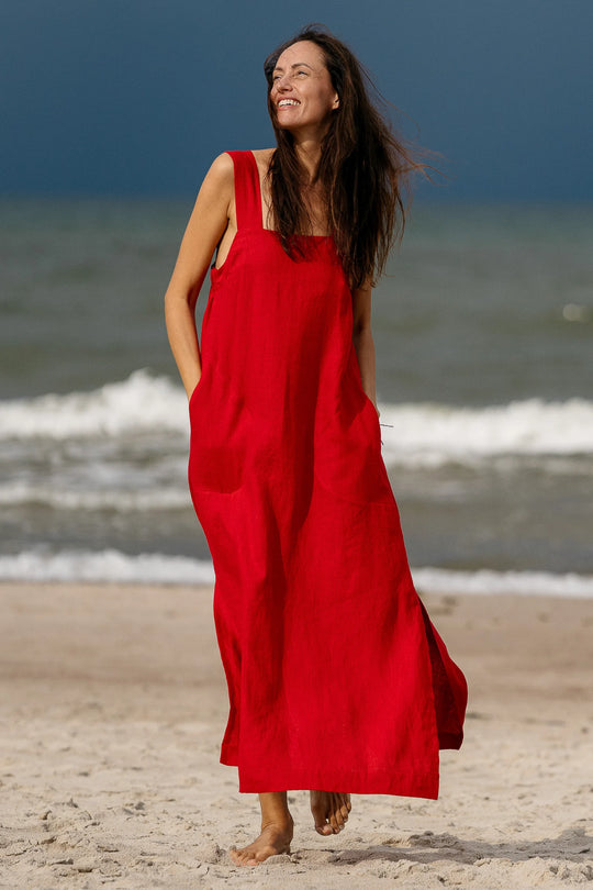 Model Wears Linen Strap Maxi Dress Adele In Red Color 3