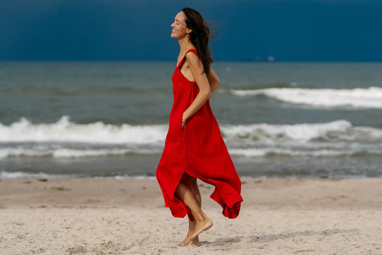 Model Wears Linen Strap Maxi Dress Adele In Red Color 5