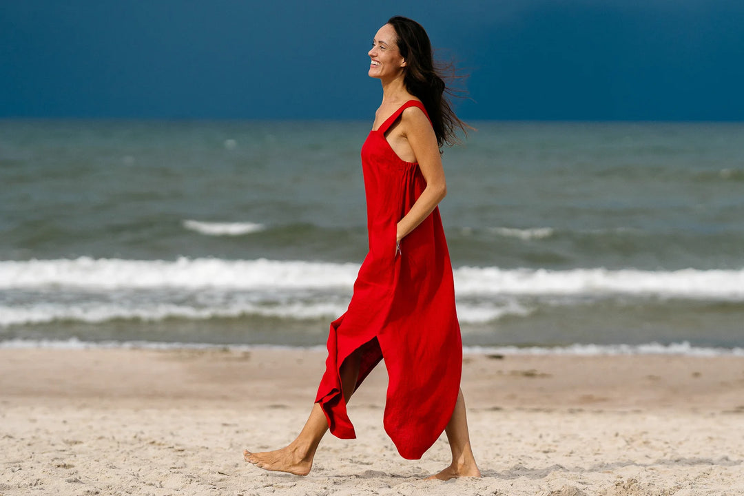 Model Wears Linen Strap Maxi Dress Adele In Red Color 6