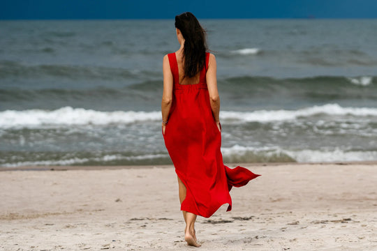 Model Wears Linen Strap Maxi Dress Adele In Red Color 7