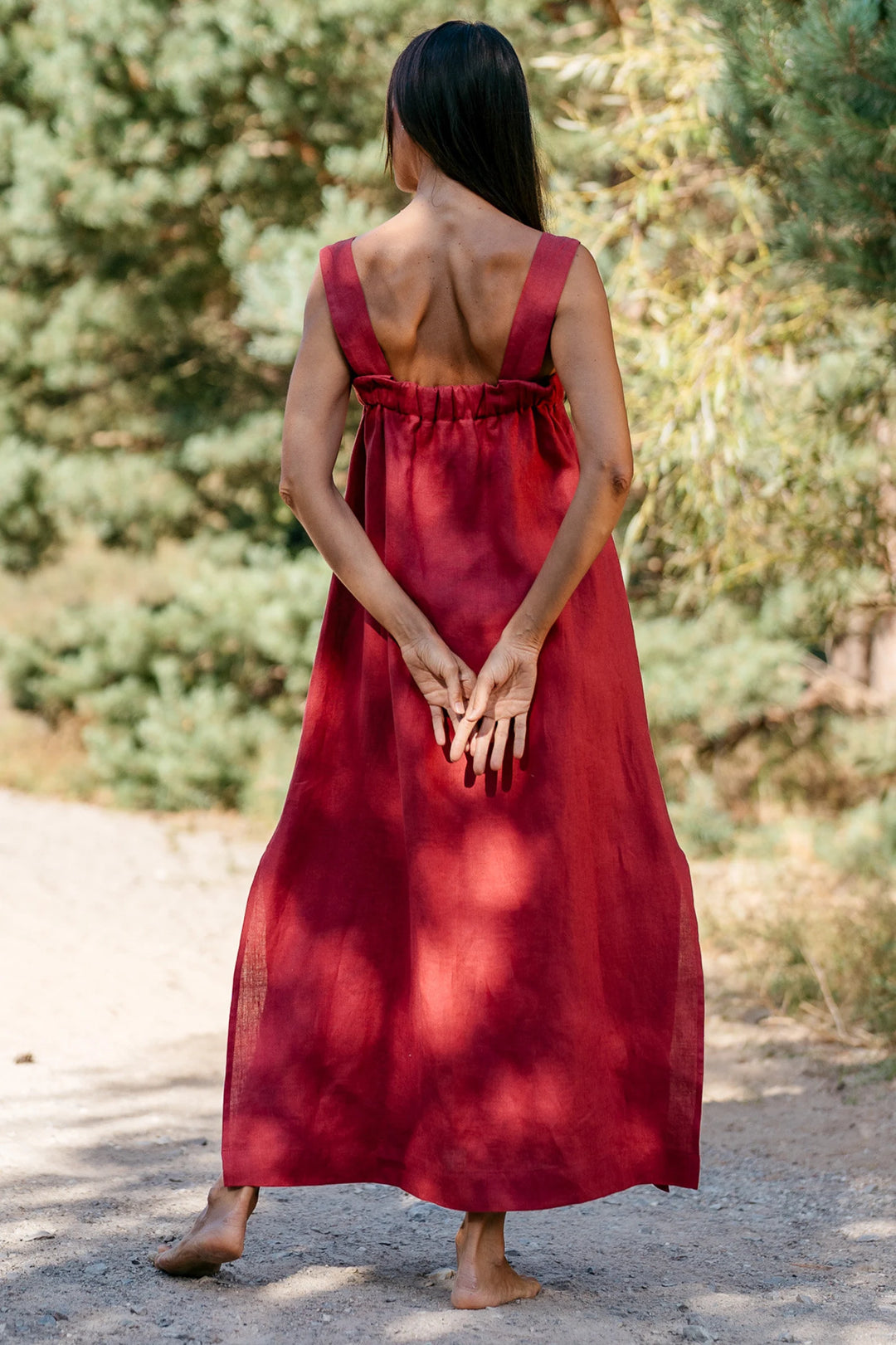 Linen Strap MAXI Dress ADELE In Raspberry S / Grey Linen Strap MAXI Dress ADELE In Raspberry S / Grey