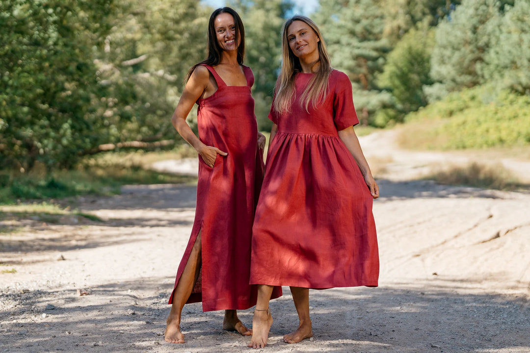 Linen Strap MAXI Dress ADELE In Raspberry S / Grey Linen Strap MAXI Dress ADELE In Raspberry S / Grey