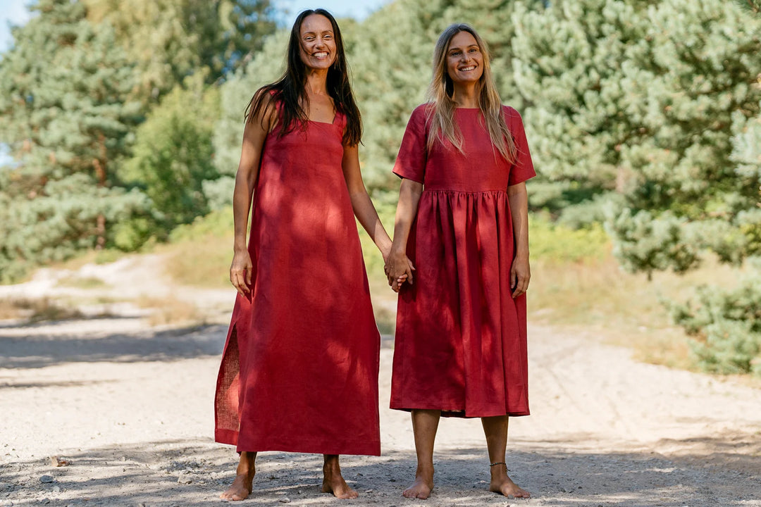 Linen Strap MAXI Dress ADELE In Raspberry S / Grey Linen Strap MAXI Dress ADELE In Raspberry S / Grey