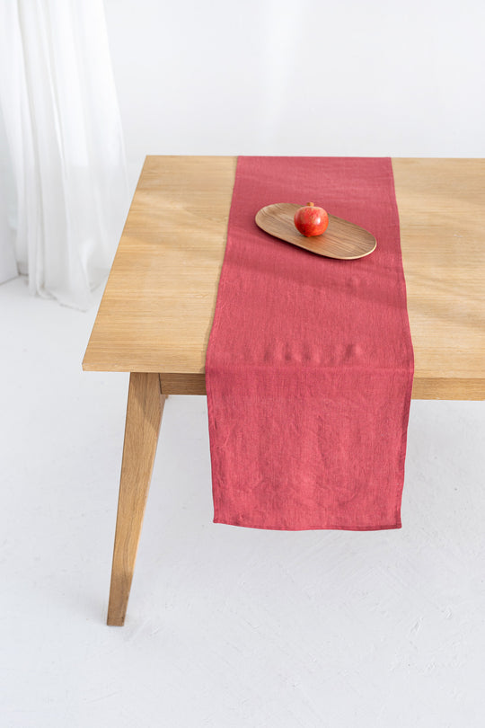 Linen Table Runner On Table In Raspberry Color - Daily Linen