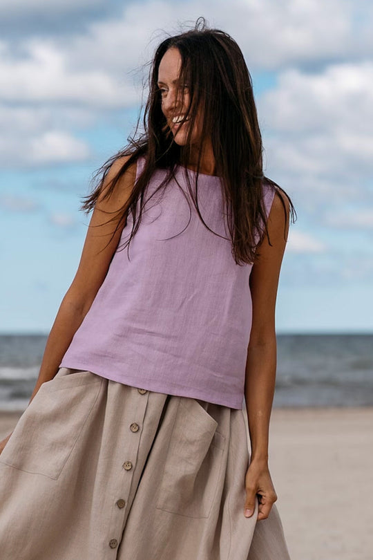 Model On Sands Demonstrates Linen Tank Top Teide In Lavender Color - Daily Linen