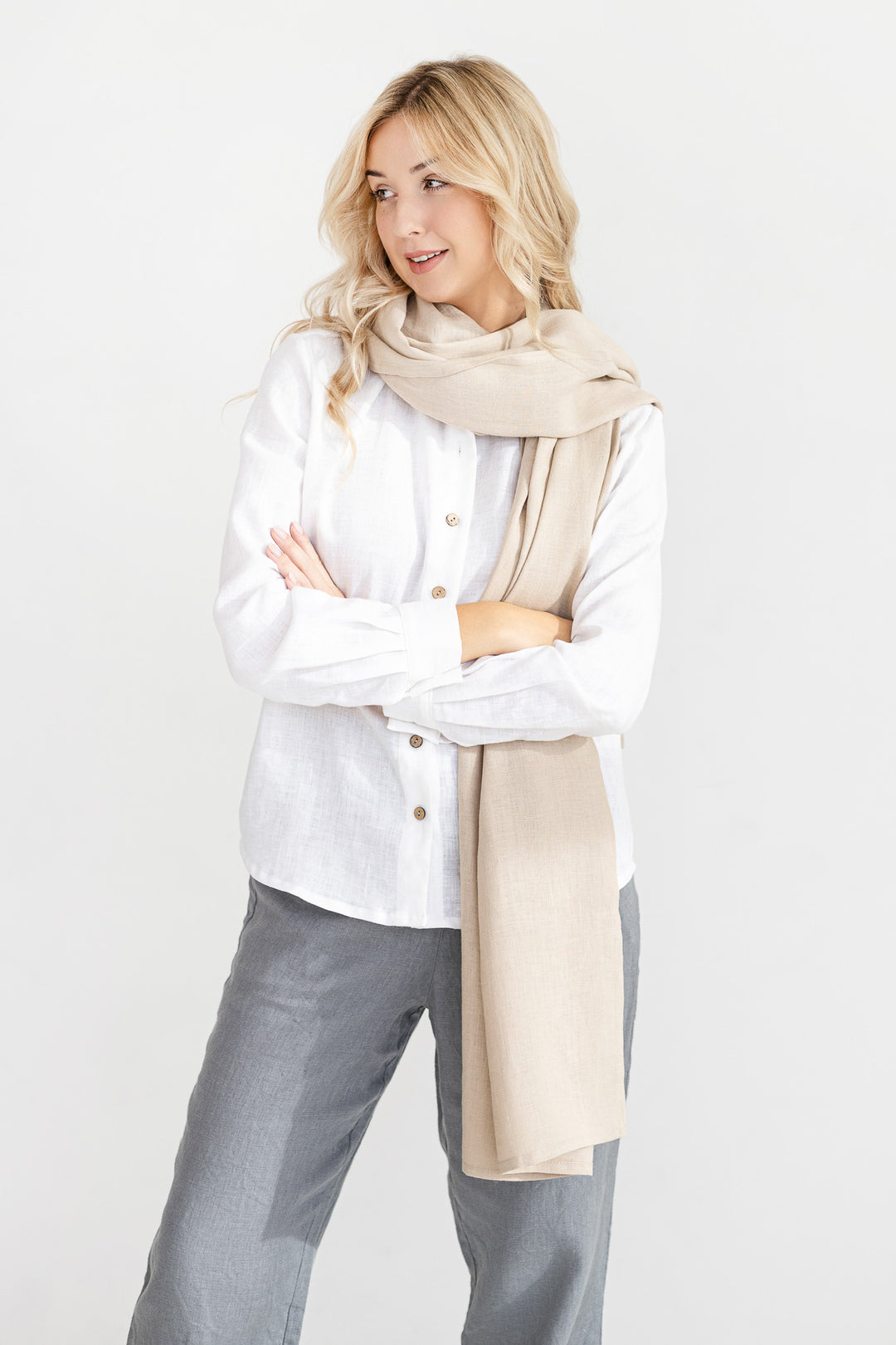 Model Demonstrates Linen Scarf In Natural Color