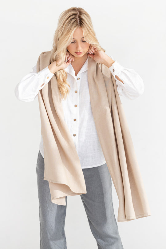 Model Demonstrates Linen Scarf In Natural Color 2