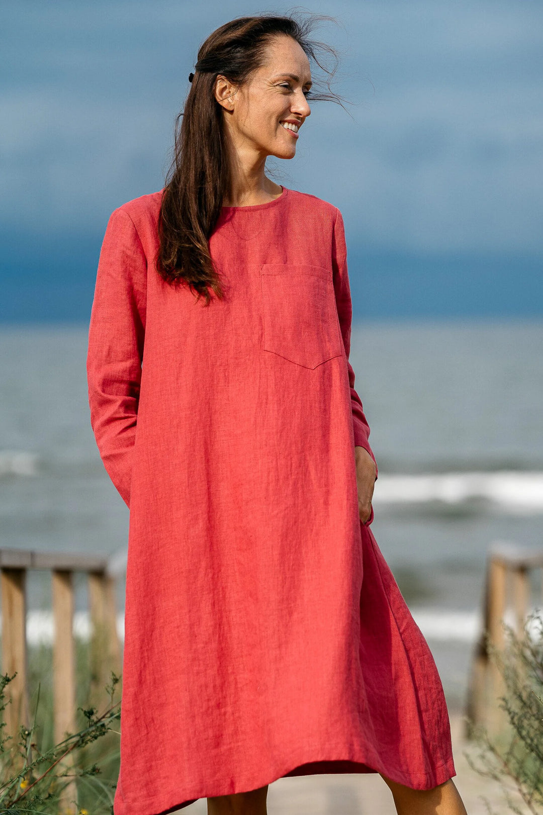 Model Demonstrates Linen Oversized Dress AURA In Raspberry Color At Beach  2- Daily Linen