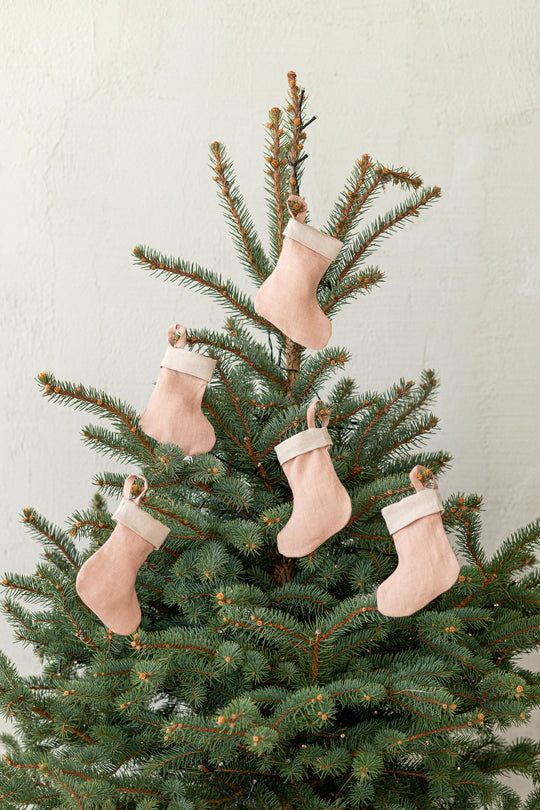 Set Of 5pcs Linen Christmas Stockings In Powder Color Hanging On Tree - Daily Linen